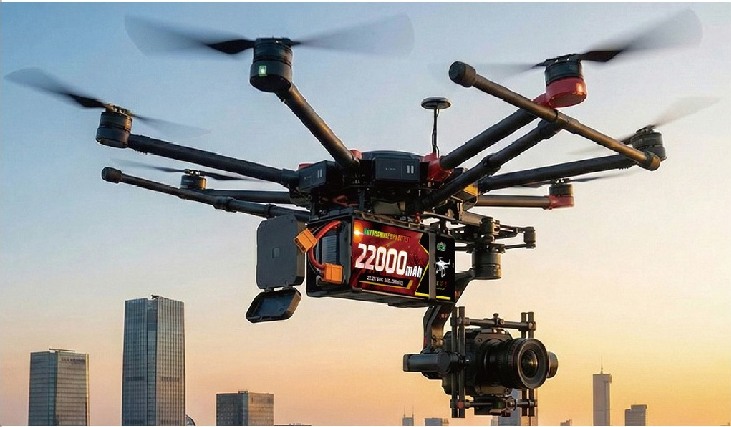 Multirotor drone over city skyline